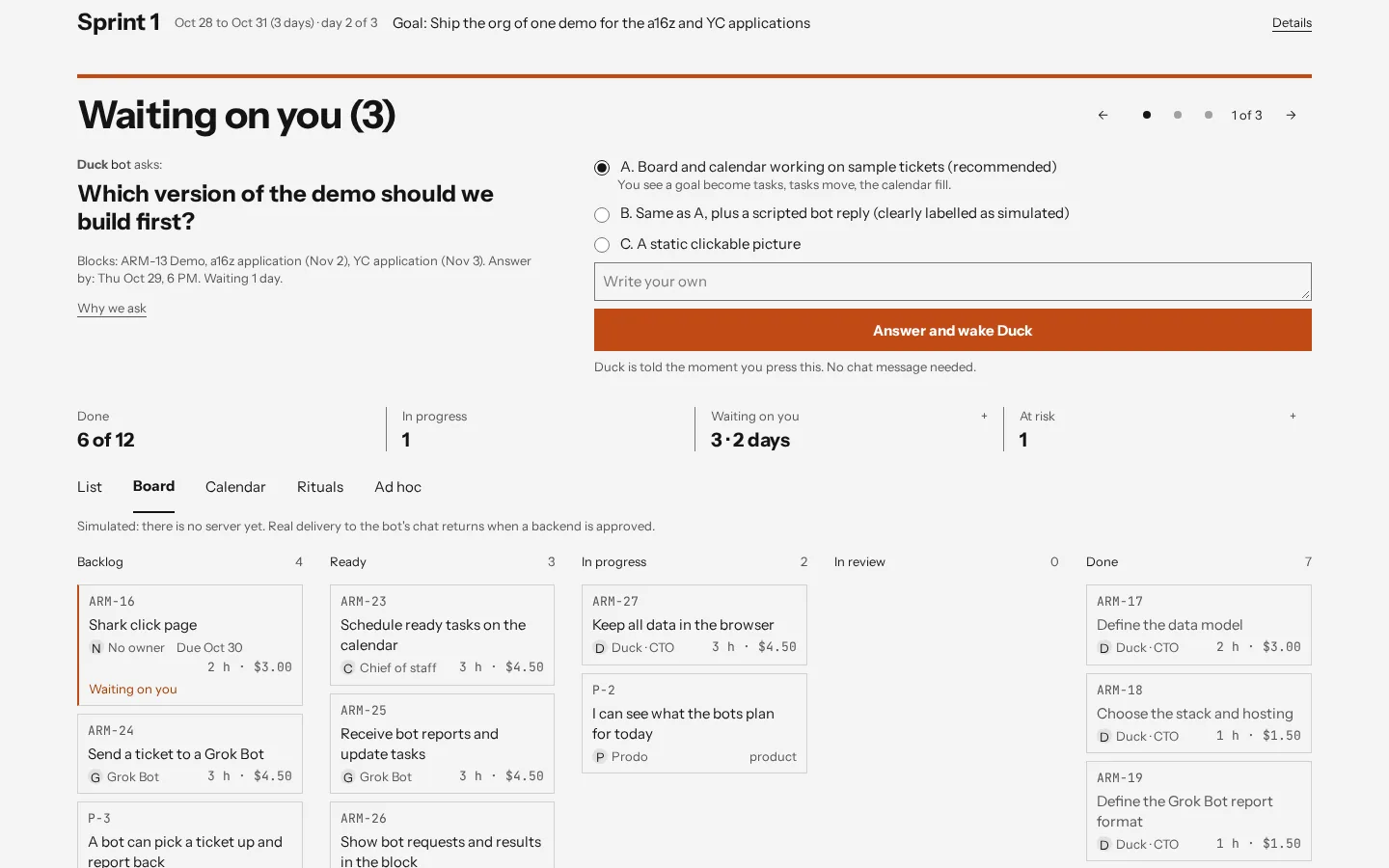 Org of One dashboard with a Waiting on you decision card above a ticket board.